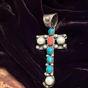 Chimney butte. Silver Cross Pendant with Turquoise and Coral stamped and signed